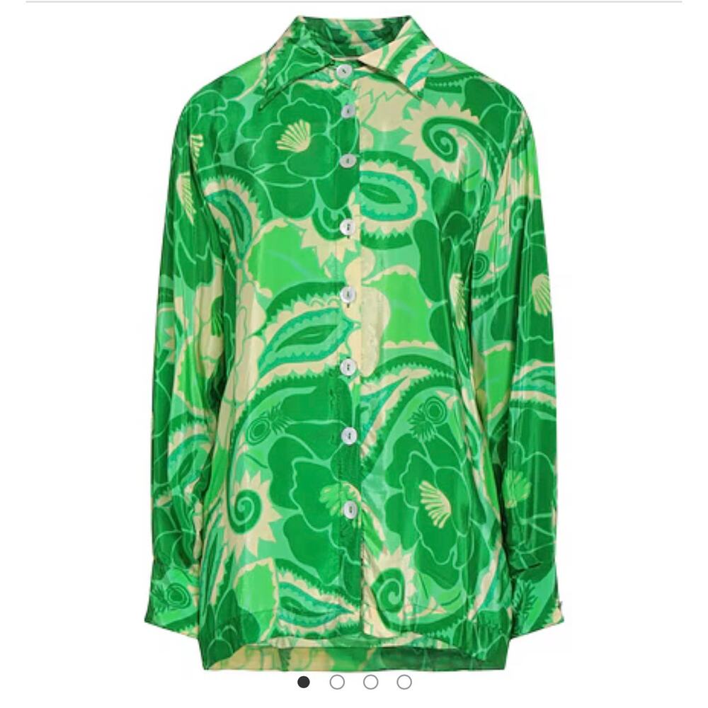 Farm Rio Tropical Floral Button Up Satin Shirt Women's Small Relaxed Fit Green